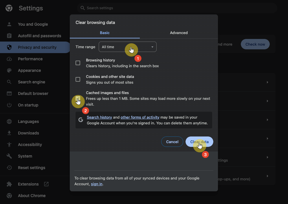 clear data in google chrome