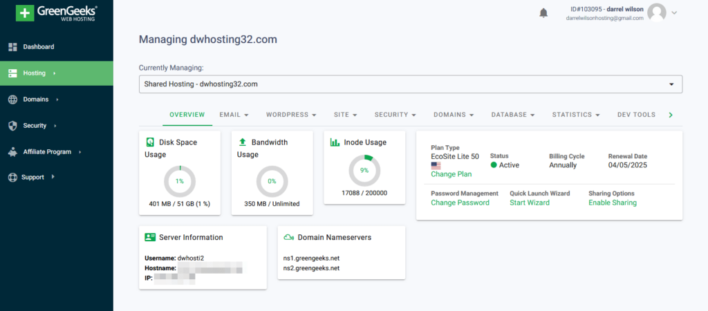 the screen when managing the hosting account in greengeeks