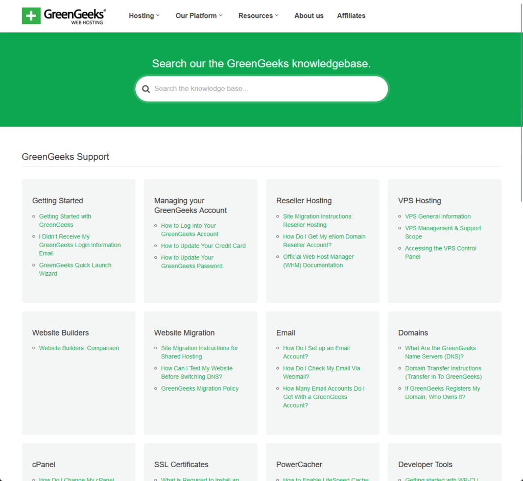 the home page of the knowledge base of greengeeks