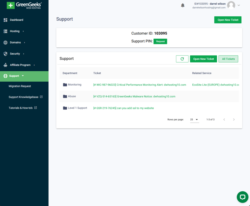 the dedicated support page in greengeeks