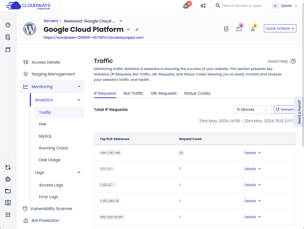 ip requests analytics in cloudways