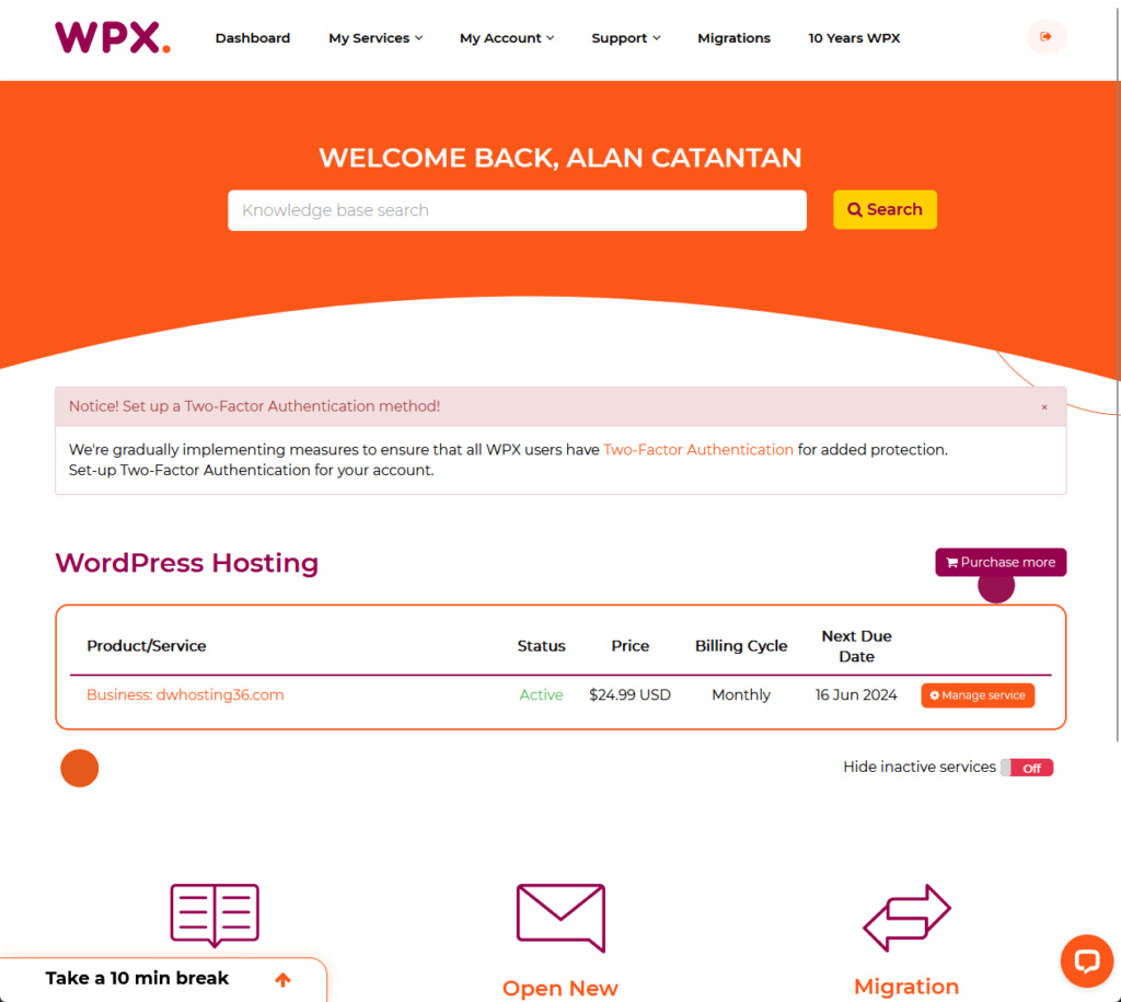 main page of client area in wpx hosting