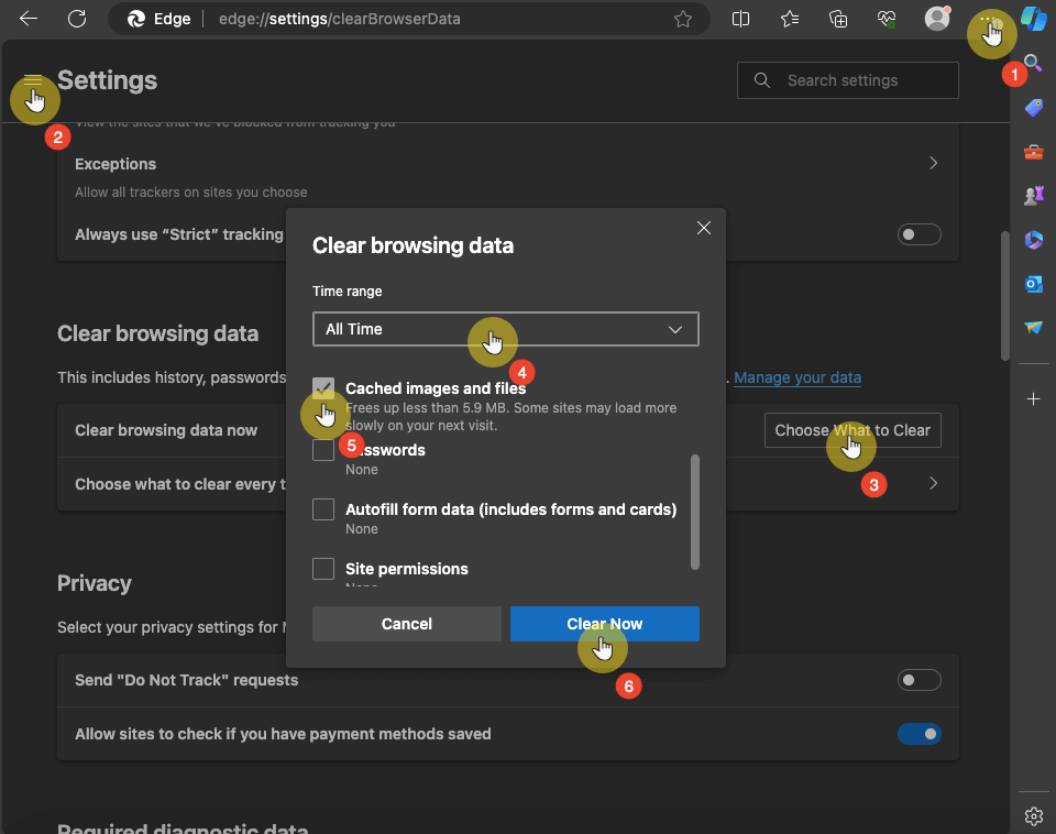 clearing the browser data in microsoft edge