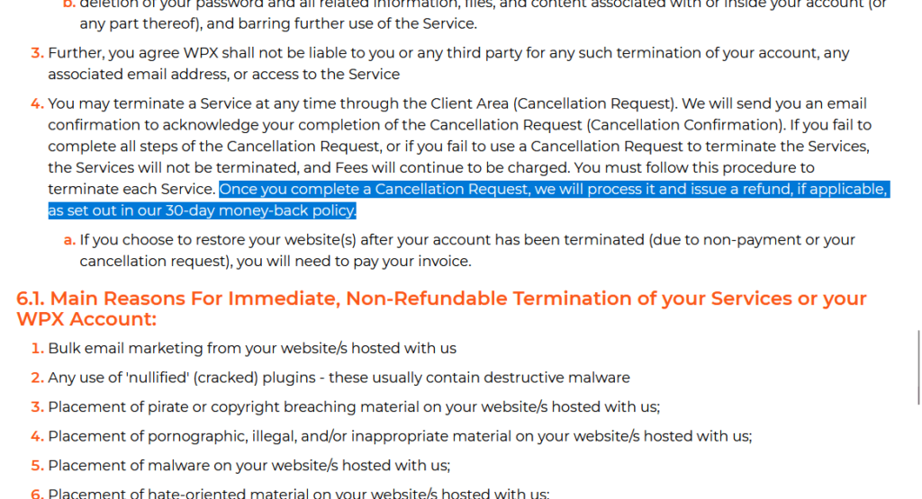 money back guarantee in tos of wpx