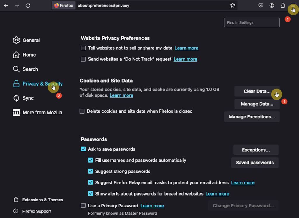 clear data option in mozilla firefox