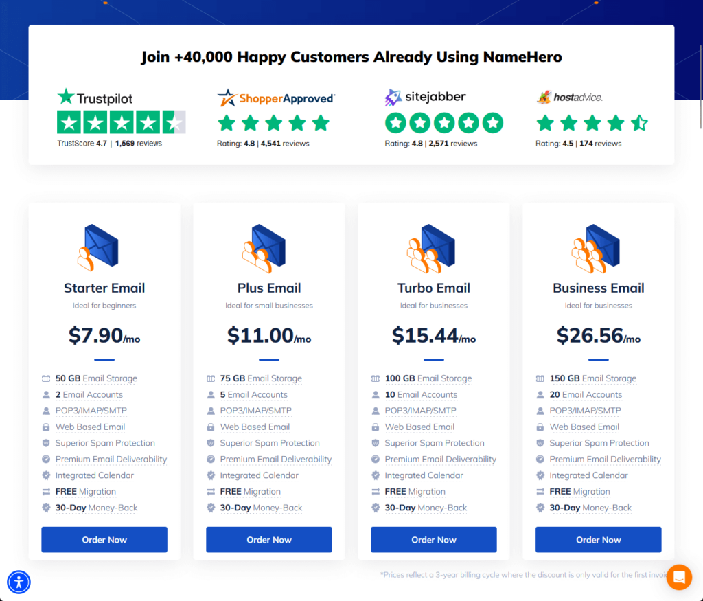 namehero’s email hosting packages