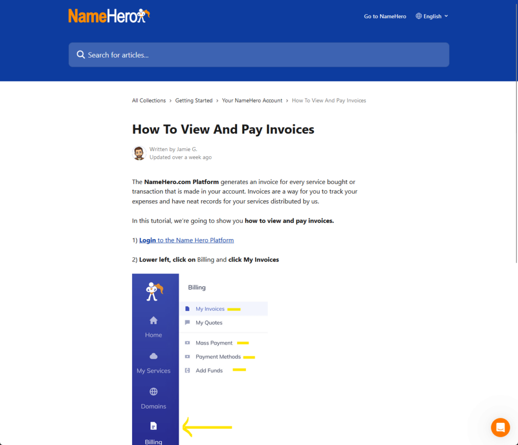 how to view and pay invoices in namehero