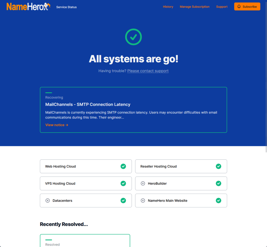 service status page in namehero without any current issues