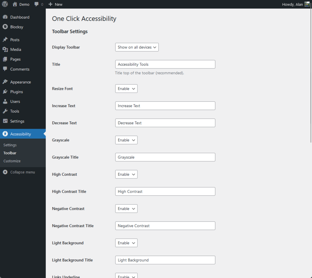 one click accessibility toolbar settings in wordpress