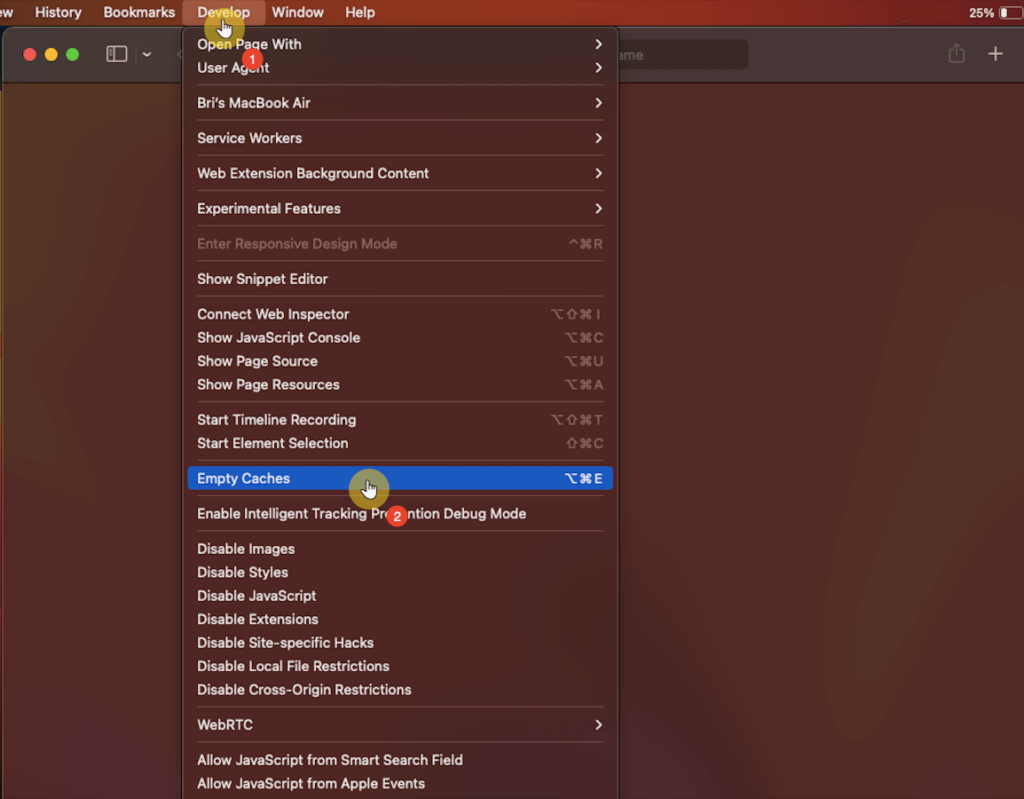 empty caches for safari in macos
