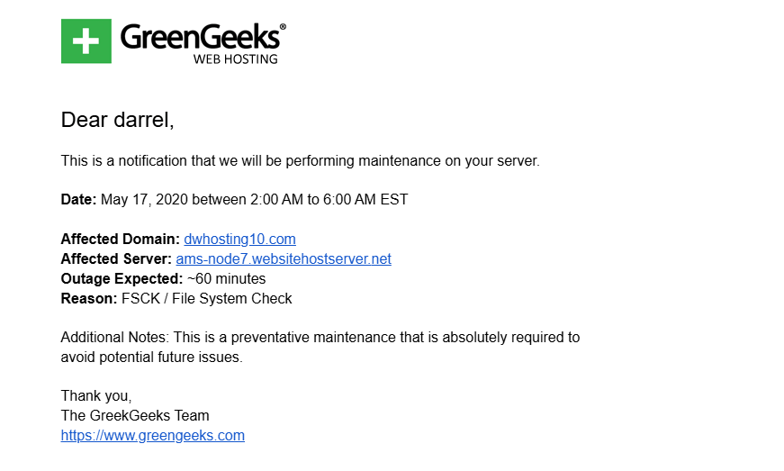 email from greengeeks about them performing maintenance on the server