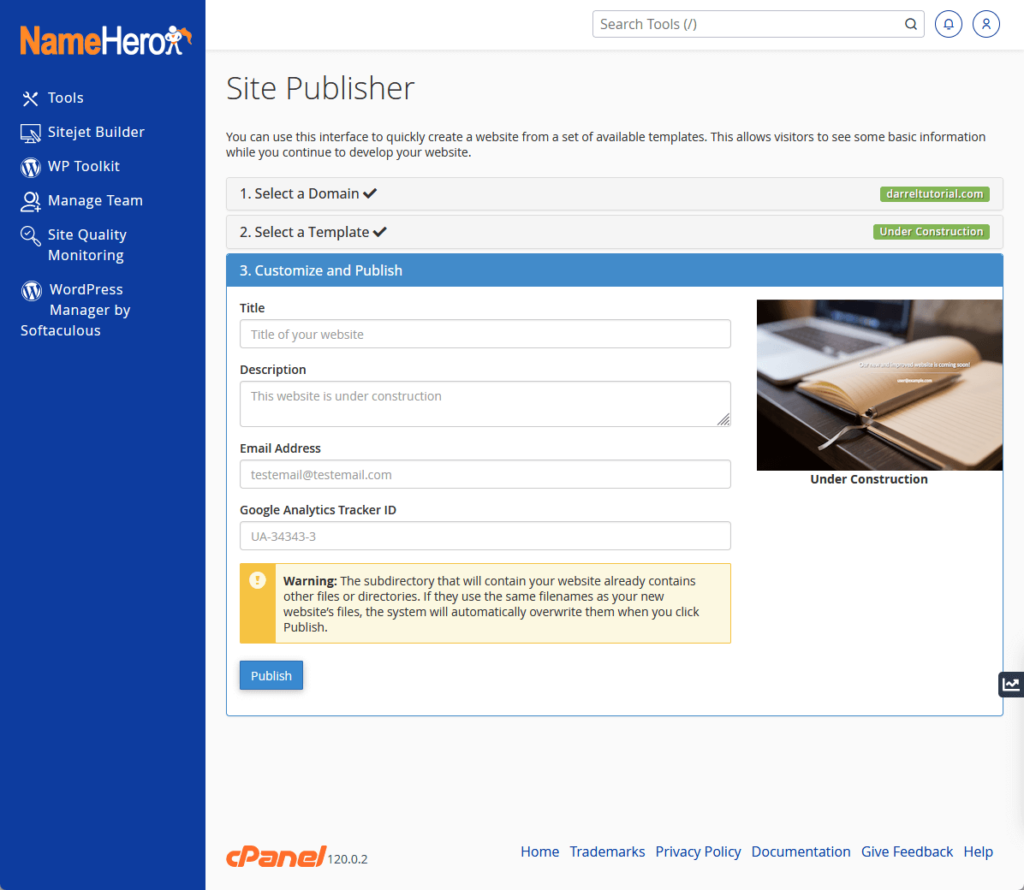 customize and publish your website using namehero’s site publisher