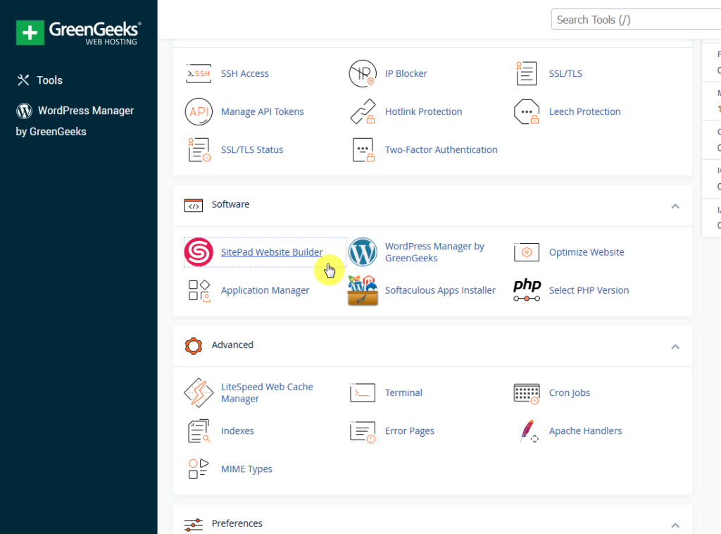 sitepad website builder in the cpanel