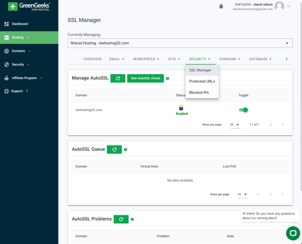 ssl manager page in greengeeks