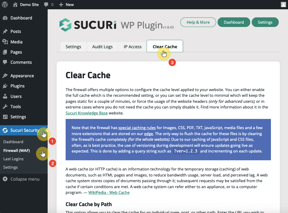clear cache option in sucuri security