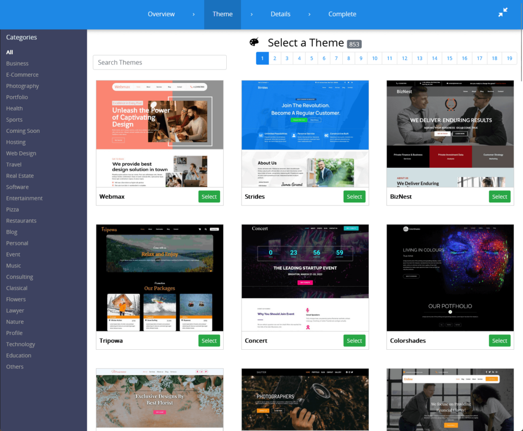 showing the theme selection page using sitepad