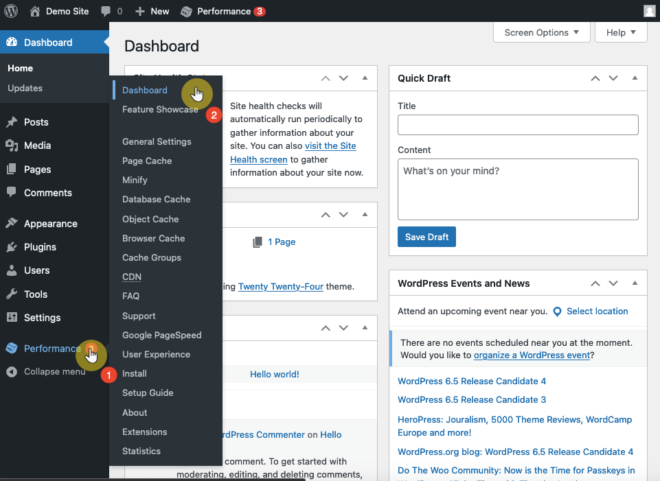 getting to the dashboard of w3 total cache