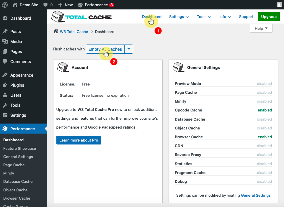 emptying all caches using w3 total cache