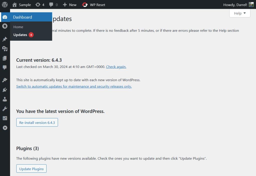 updates notifications in wordpress admin