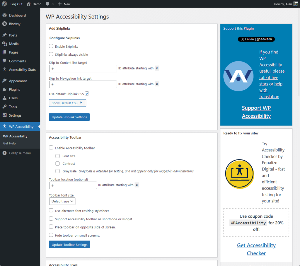 wp accessibility settings page on wordpress