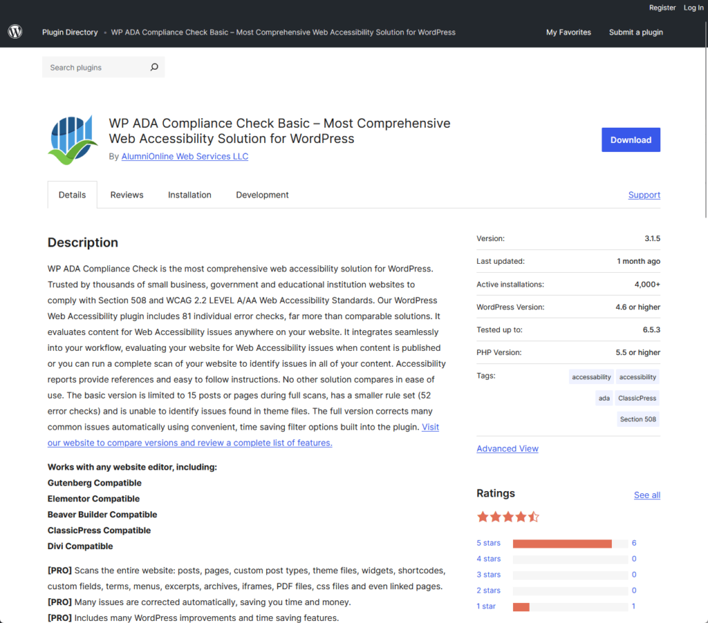 WP ADA Compliance Check Basic - Most Comprehensive Web Accessibility Solution for WordPress by AlumniOnline Web Services LLC