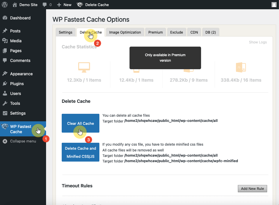 clear all cache using wp fastest cache