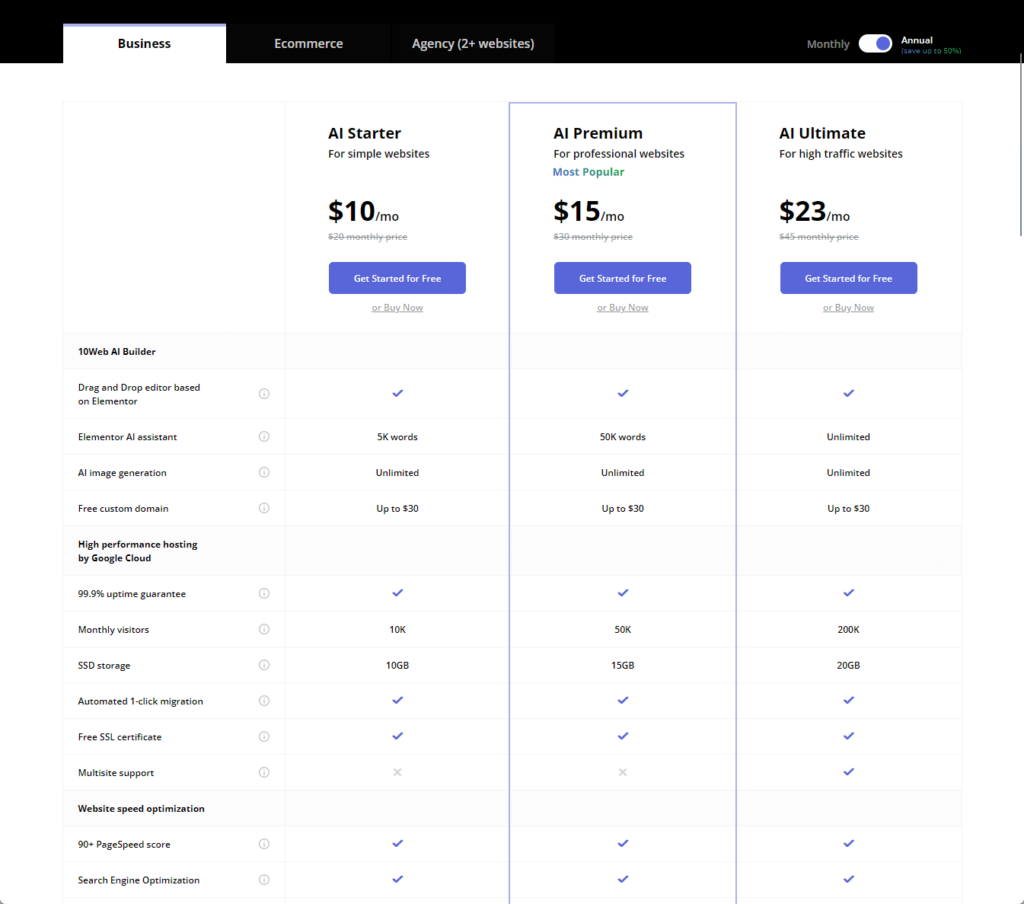 10web business hosting pricing plans
