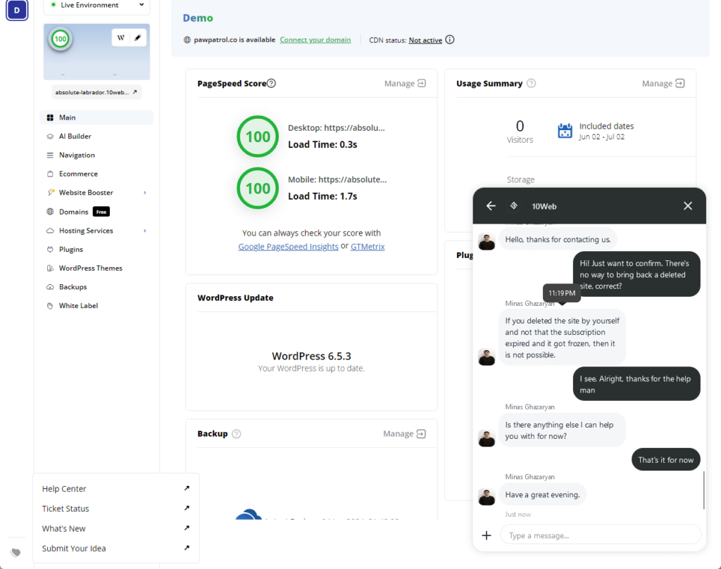 10web customer support options