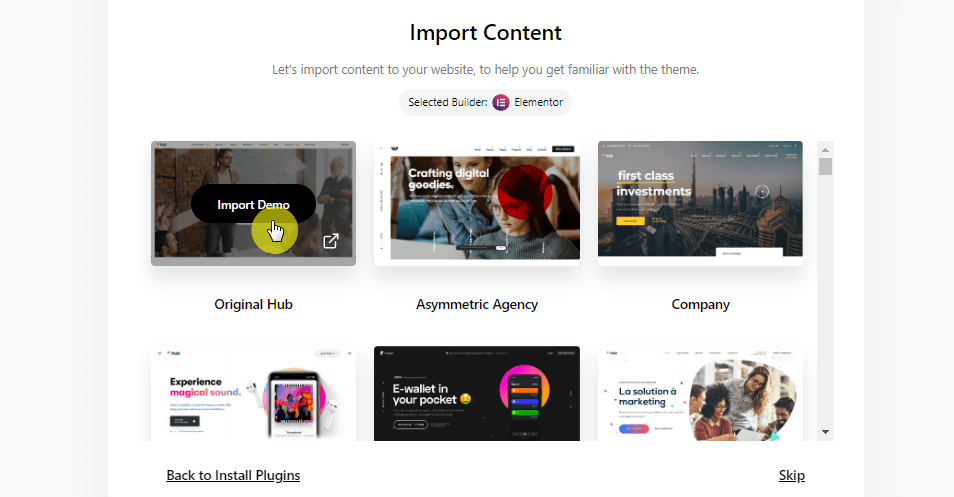 Click the import demo button