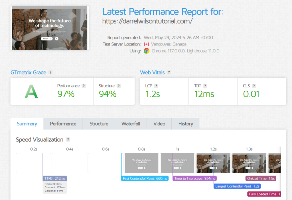 Hub theme GTmetrix report one