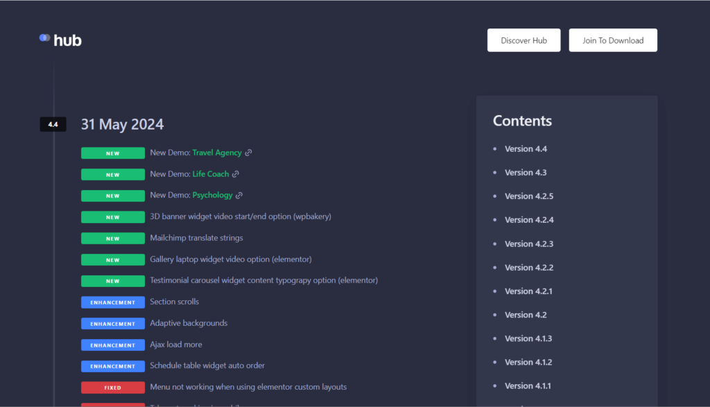 Hub theme changelog