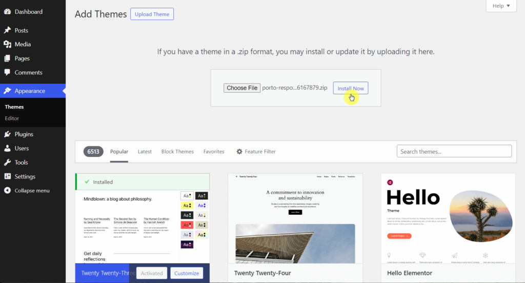 Install Porto theme