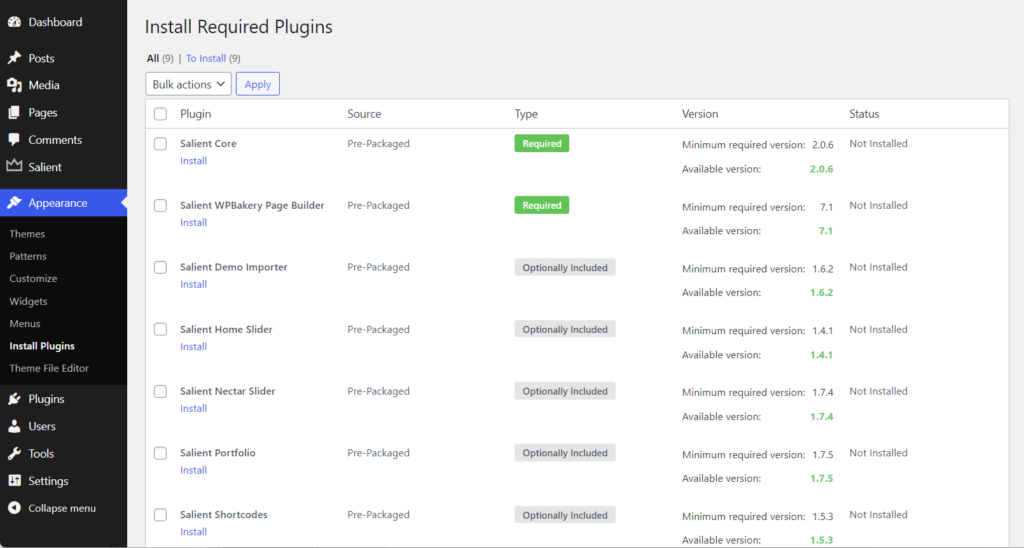 Install Salient theme required plugins
