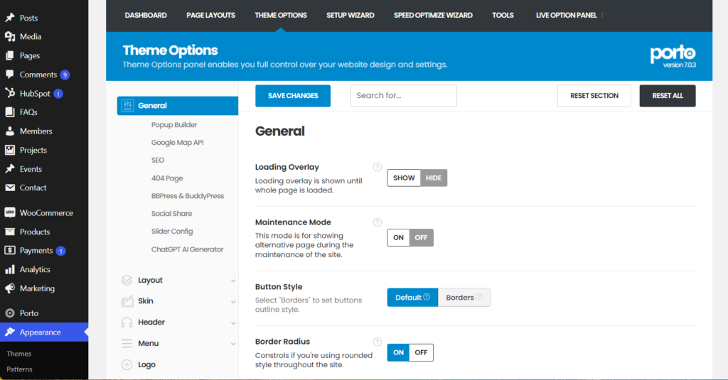 Porto theme options area