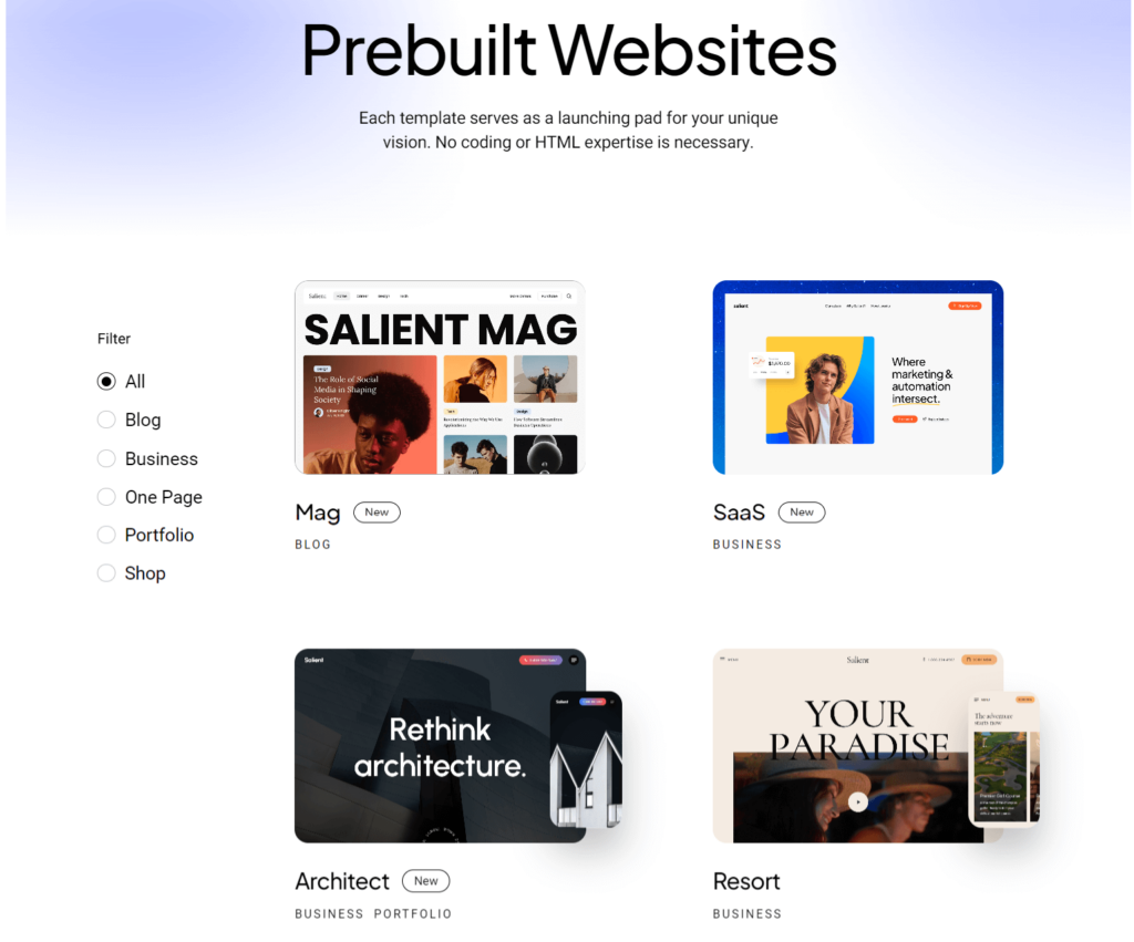 Salient prebuilt websites