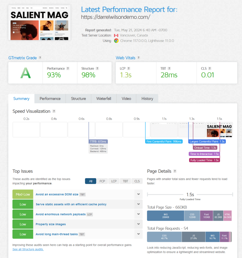 Salient theme GTmetrix report