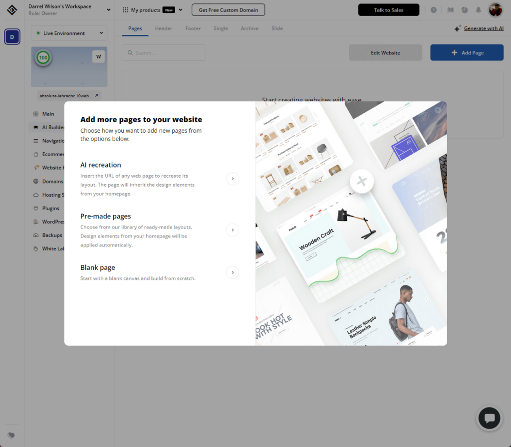 add pages using the ai builder from 10web