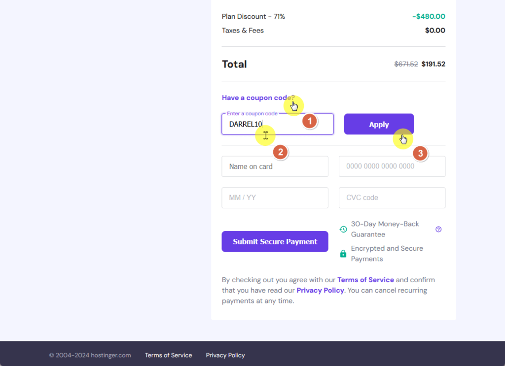 apply the coupon code in hostinger