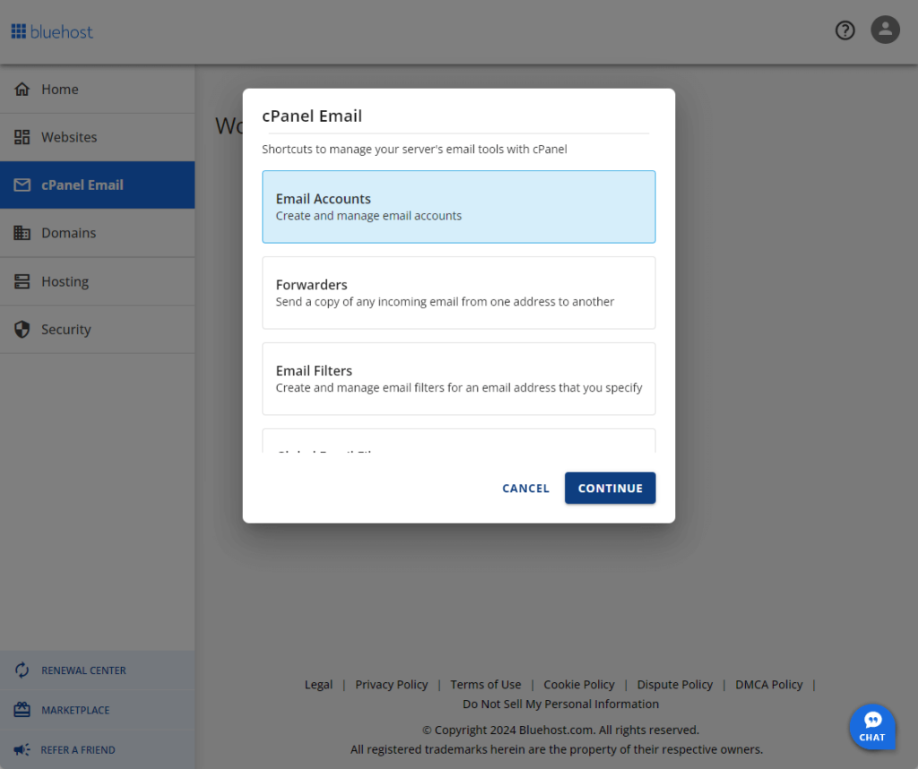 bluehost cpanel email shortcuts
