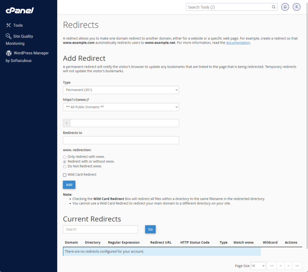 bluehost cpanel redirects