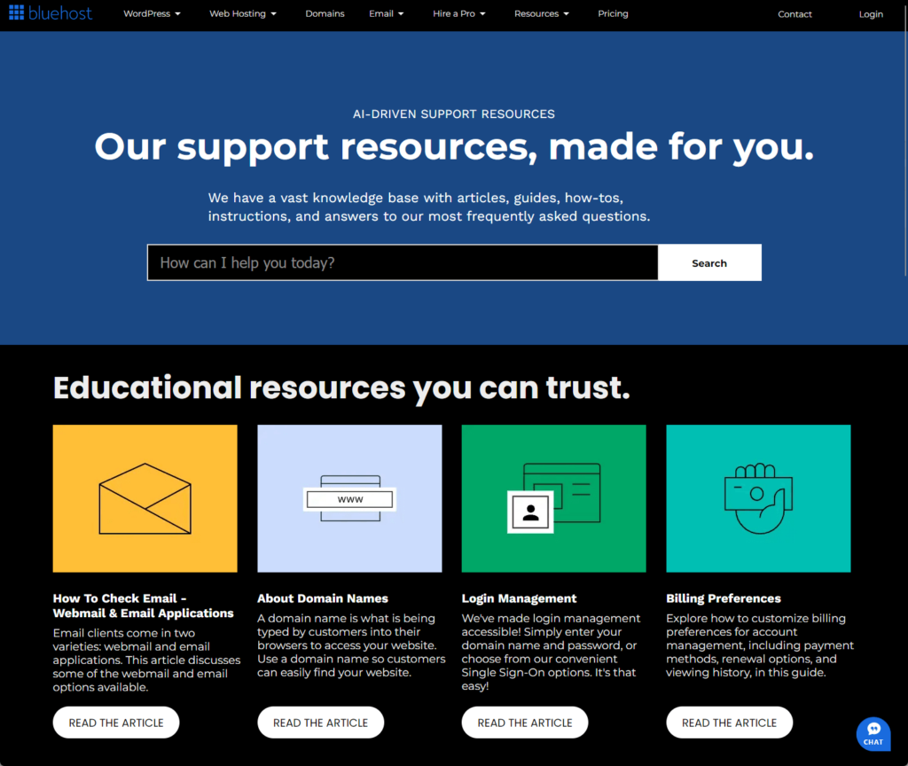 bluehost knowledge base home page