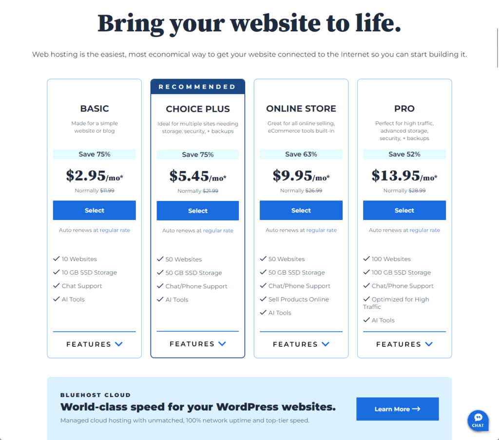 bluehost shared hosting plans