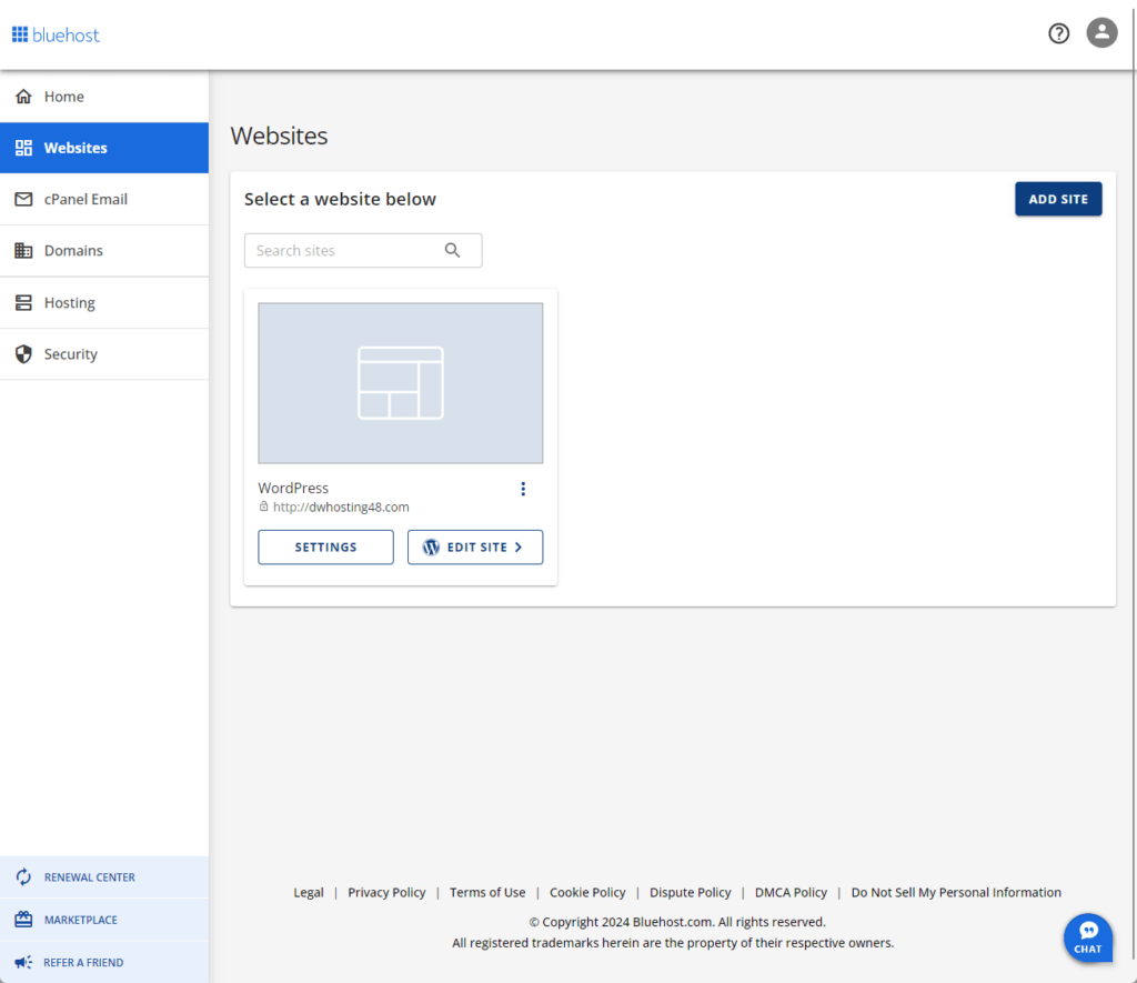 bluehost site selection page