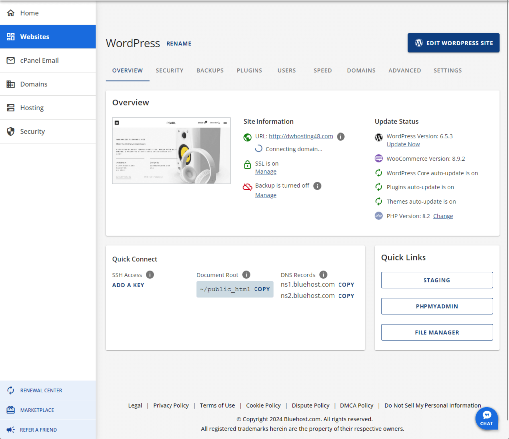 bluehost website overview in the client area