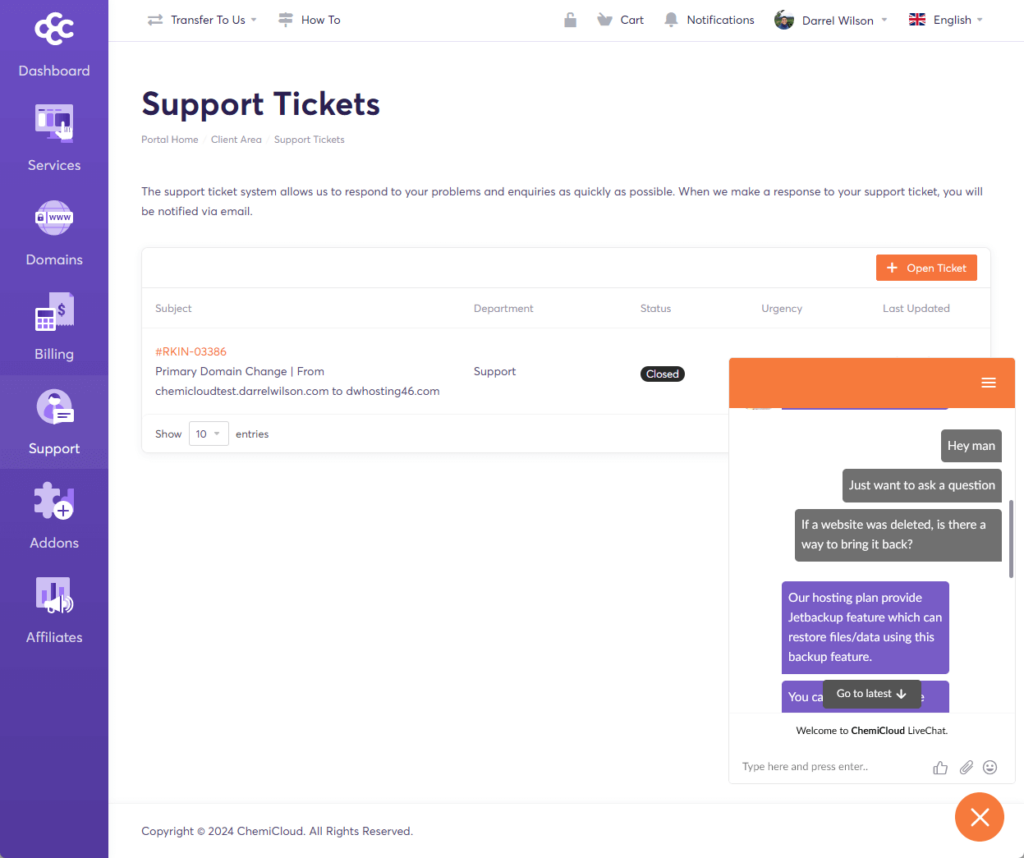 chemicloud support tickets and live chat