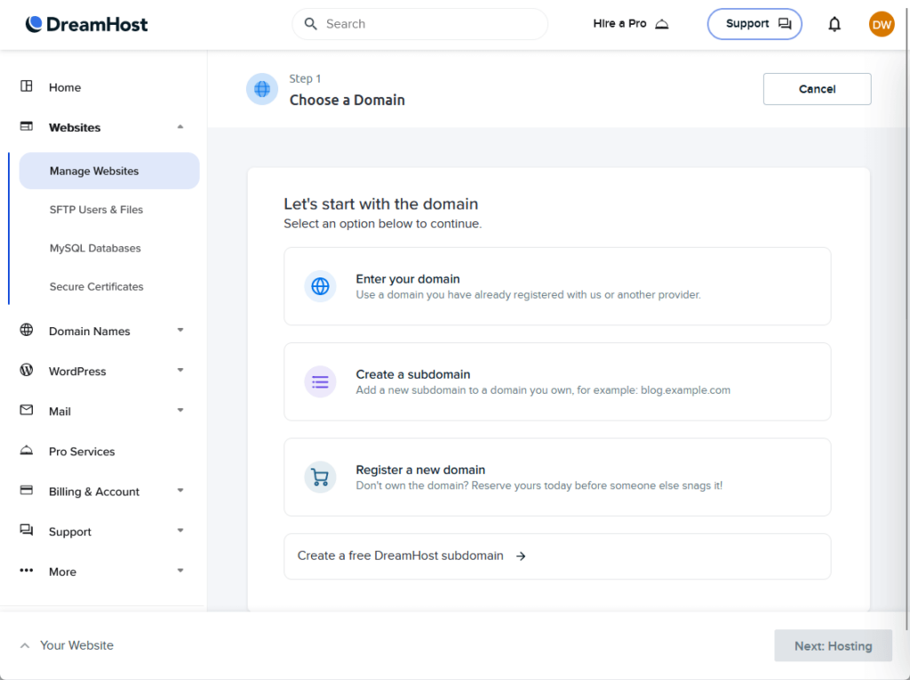 choose a domain step in dreamhost