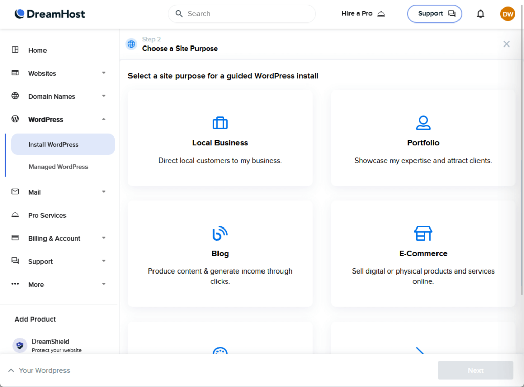 choose a site purpose step in dreamhost