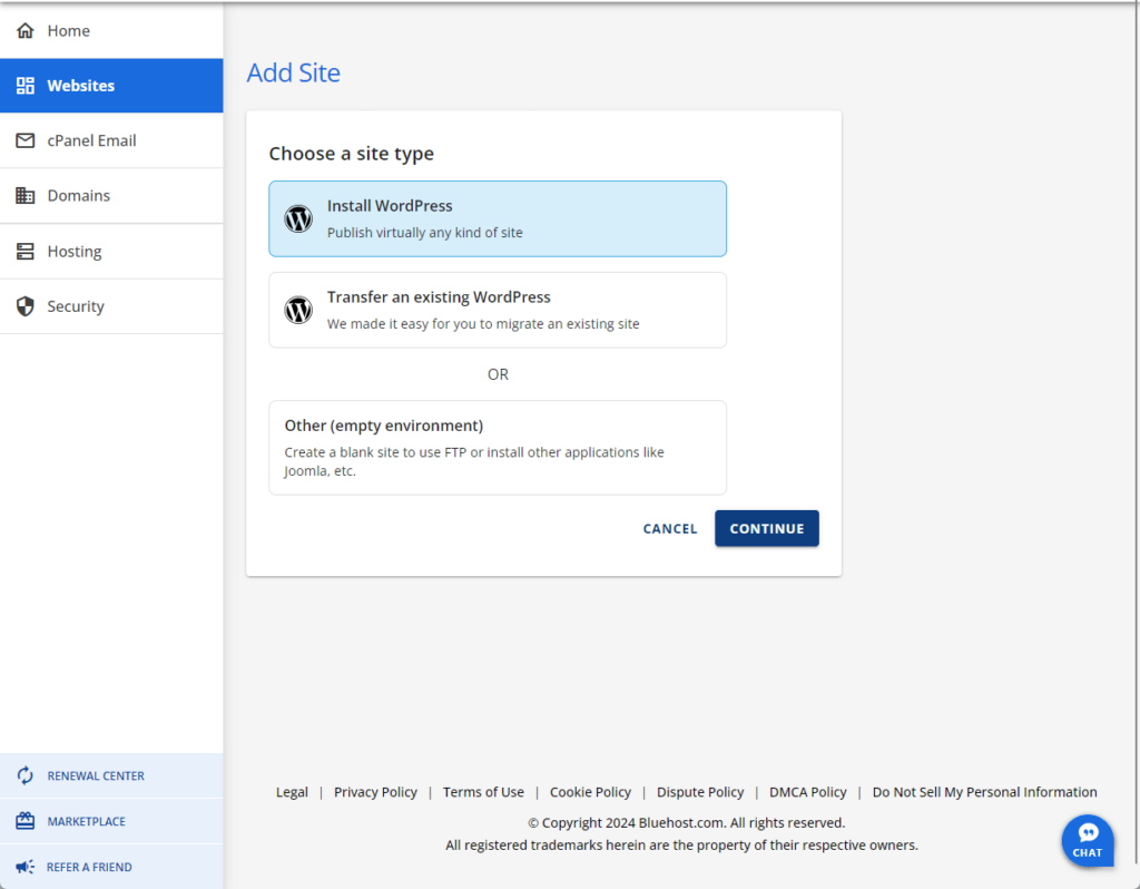 choose a site type - add site in bluehost