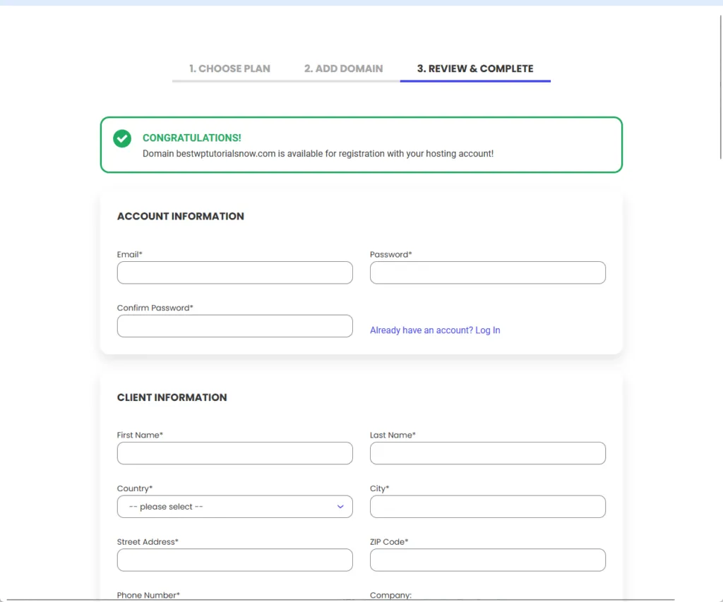 complete account information with siteground