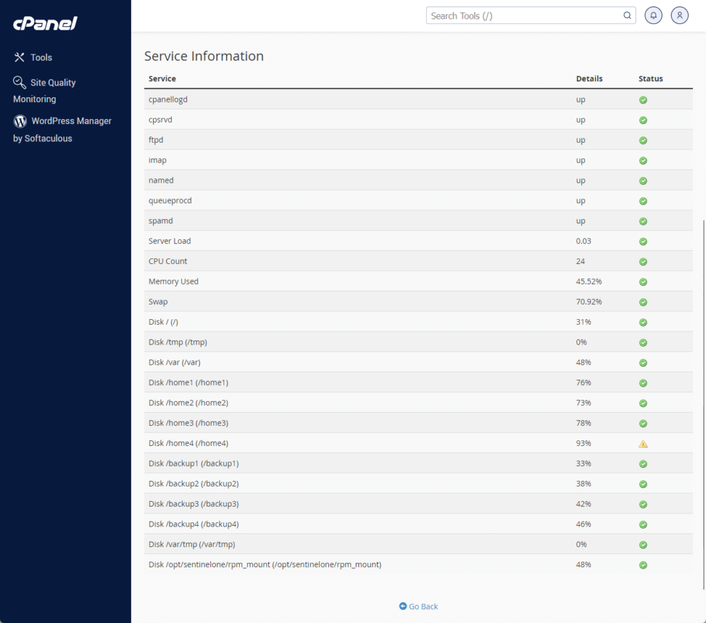 cpanel service information in bluehost